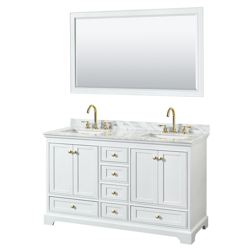 Ensemble de meuble-lavabo double 60 "avec miroir Deborah, Marbre de culture blanc, Blanc, Or brossé