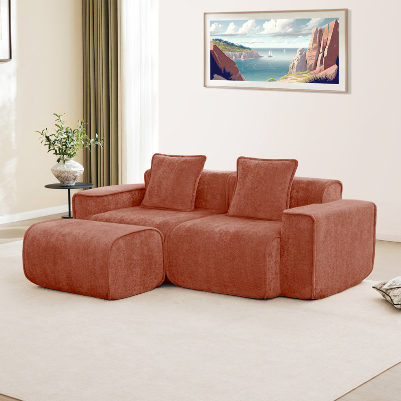 Modular 2 Seat L Shape Sectional Boneless Sofa Streamlined Design  With French Edge Piping, No Assembly Required, 3-Seat Sofa Couch With Throw Pillows And 1 Movable Ottoman, Velvet Fabric