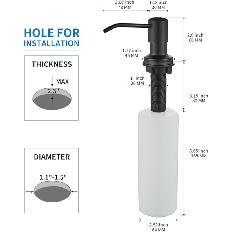 Distributeur de savon intégré pour évier de cuisine, tête de pompe de comptoir en acier inoxydable noir mat, distributeur de lotion pour les mains à savon à vaisselle avec bouteille rechargeable de 17 oz