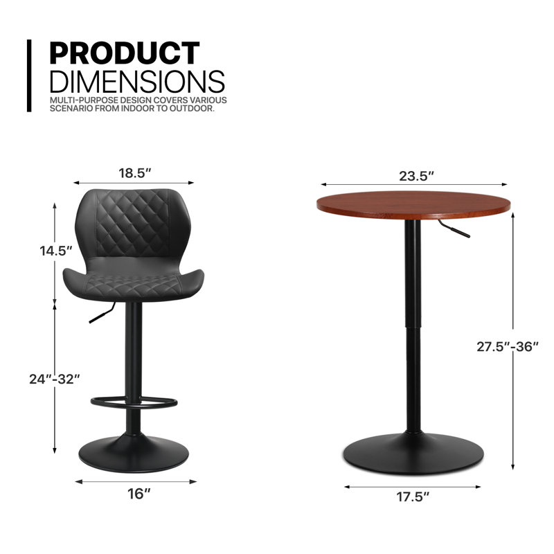Ensemble de table bistro et tabouret de bar réglable en hauteur 3 pièces Moaid, Noir, Rouge