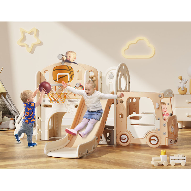 Beige and White 10-in-1 Toddler Slide Playset with Basketball Hoop