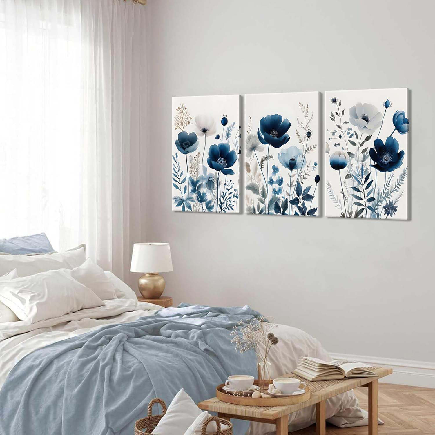 Lark Manor™ 3Pcs Flower Canvas Wall Art Navy Blue Wildflower Wall Decor ...