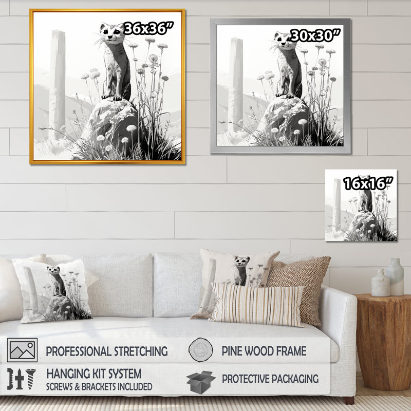 «Grey Meadow», art mural Meercat rétro, Cadre doré simple, H 36 po x l 36 po x P 1,5 po