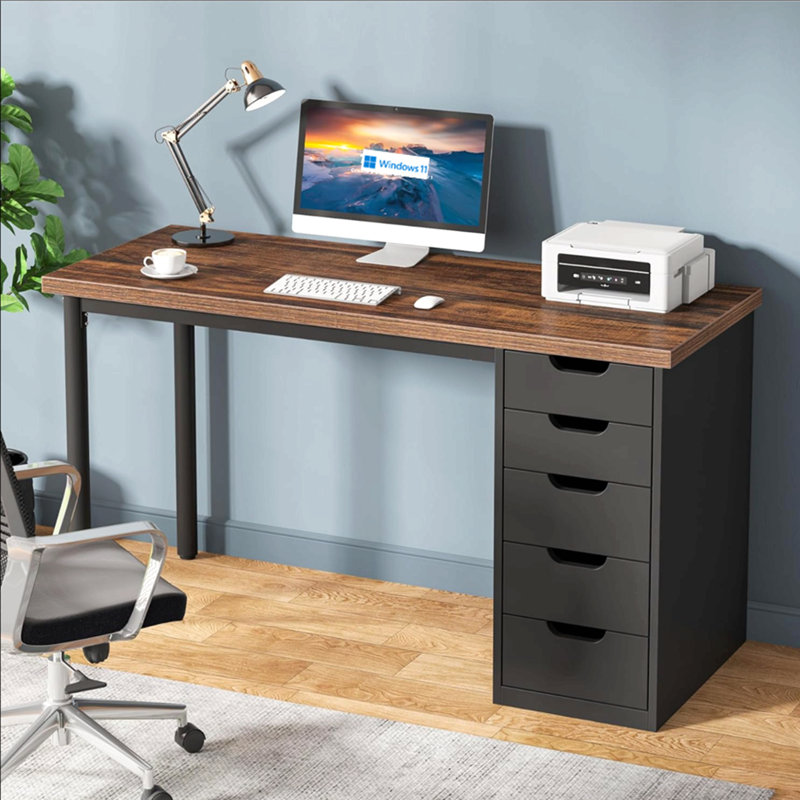Bureau d'ordinateur 47 po avec 5 tiroirs et armoire réversible, bureau rustique brun et noir avec rangement, table d'écriture moderne pour petits espaces