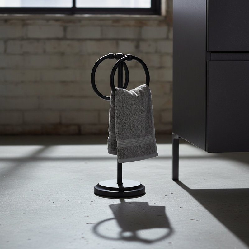 Porte-serviettes en acier avec 2 anneaux de suspension pour comptoir de meuble-lavabo en acier, Noir, noir, noir, noir