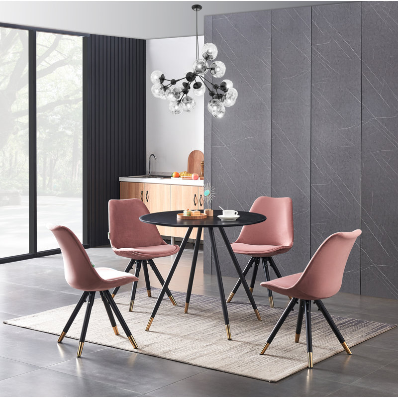 Pala 4 Person Dining set - a Round Wooden Dining Table with Metal Legs and a Set of 4 Quilted Velvet Dining Chairs for Dining Room - Modern Dining Table Set