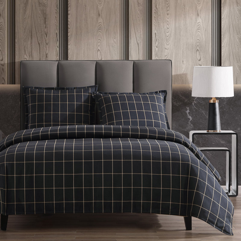 Windowpane Plaid Classic Modern Rustic Cotton Comforter Set, Full Comforter + 2 Standard Shams, Black/Beige