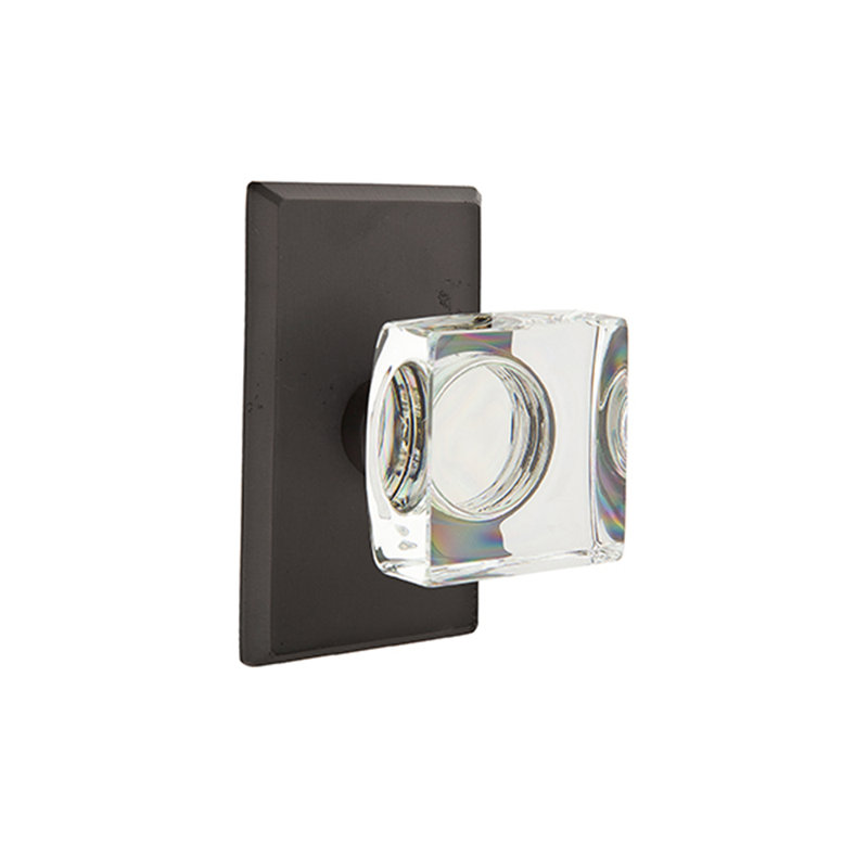 Ensemble de boutons de confidentialité Emtek avec rosette Sandcast # 3 et bouton carré en verre moderne, Bronze plat noir