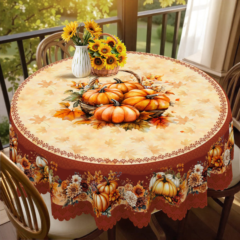 Autumn-Winter Tablecloth 180x180cm Round Seasonal Holiday Patterns Pumpkin Motifs Party Picnic Dinner Table Cover