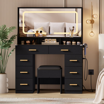 Ensemble de coiffeuse moderne avec grand miroir à DEL - 8 tiroirs, plateau en verre, 3 lumières réglables, prises de courant et port USB, séchoir à cheveux, tabouret de coiffeuse - organisateur de table de chambre à coucher - noir