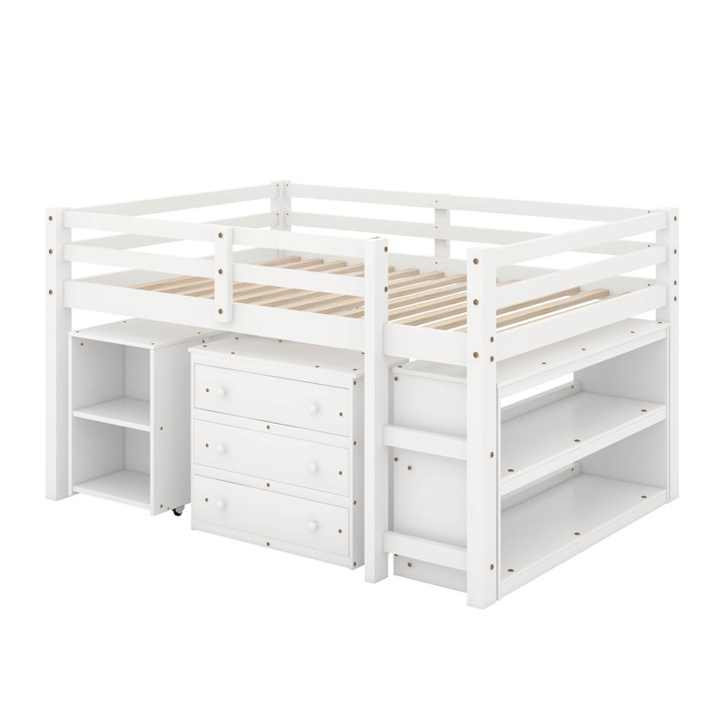 Lit mezzanine bas bas avec commode, tablettes et bureau, Blanc