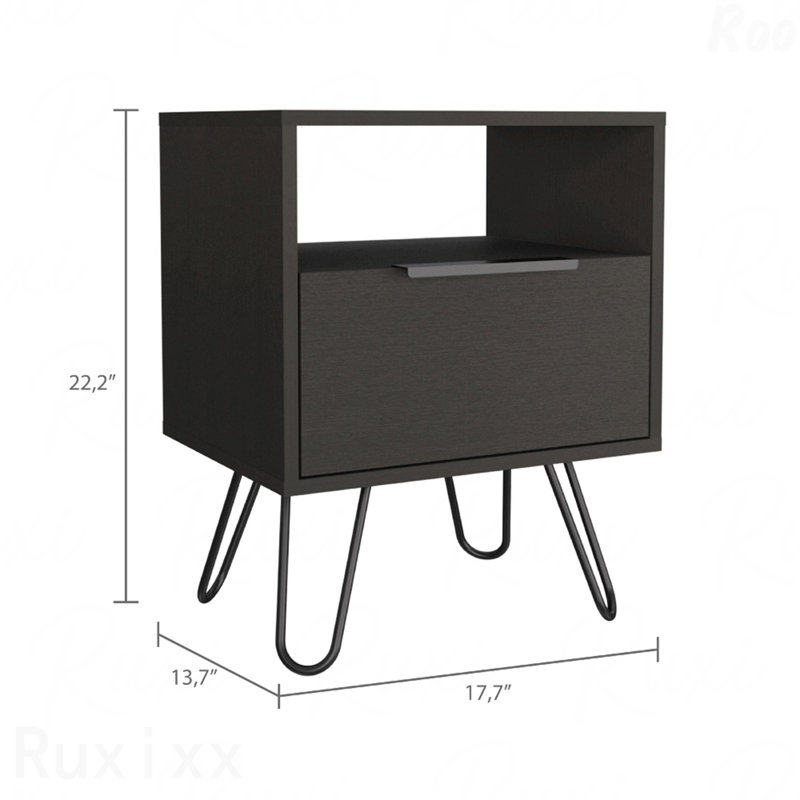 Table de chevet noire, table de bout avec armoire à porte simple et pieds en épingle à cheveux