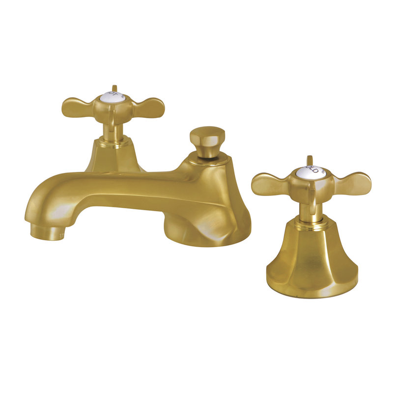 Kingston Brass Essex Two-Handle 3-Hole Deck Mount Widespread Bathroom Faucet with Brass Pop-Up Drain, Brushed Brass