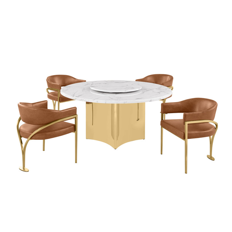 Ensemble de salle à manger en marbre blanc avec chaises Lazy Susan et Leathaire, Caramel