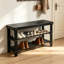 Banc de rangement pour chaussures autoportant en bambou noir, range-chaussures plat à deux niveaux avec banquette, range-chaussures pour vestibule, vestibule et vestibule