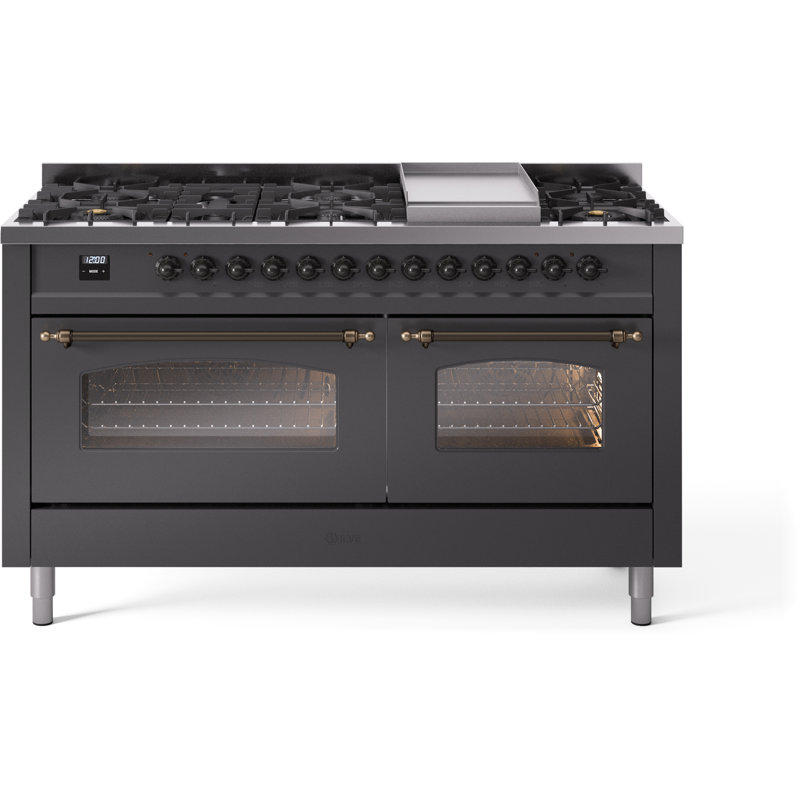 ILVE Nostalgie II 60 Dual Fuel Range, 9 Burners, Griddle, Liquid Propane, Graphite Matte/Bronze