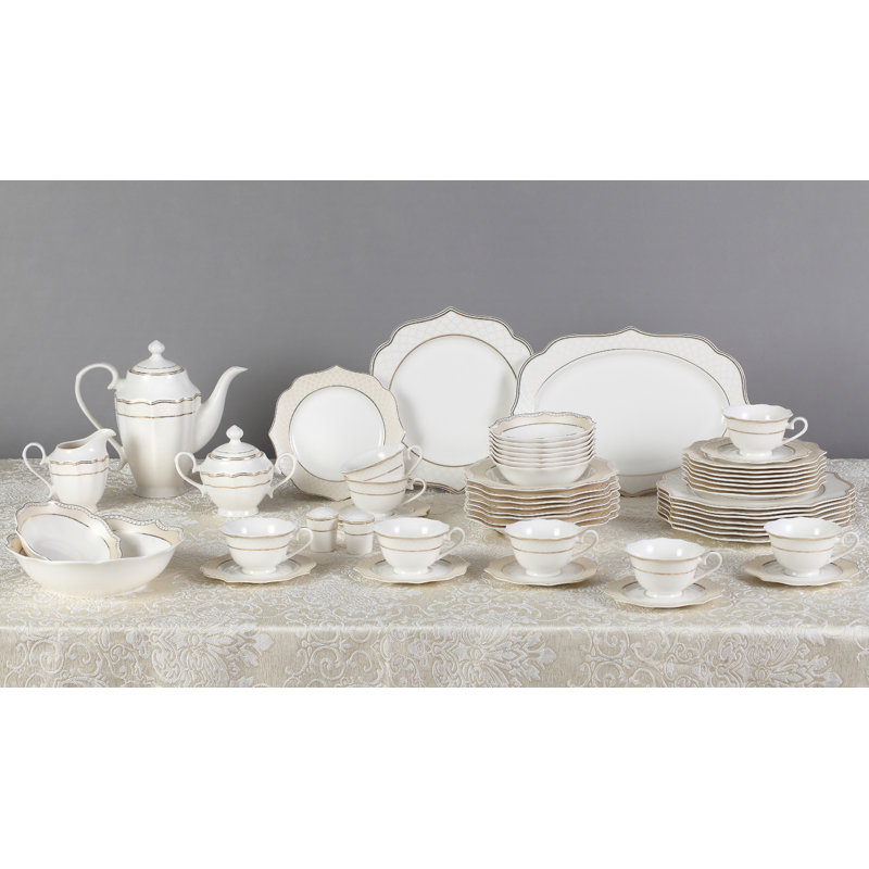 Piece Bone China Dinnerware Set - Service for 8, White/Gold