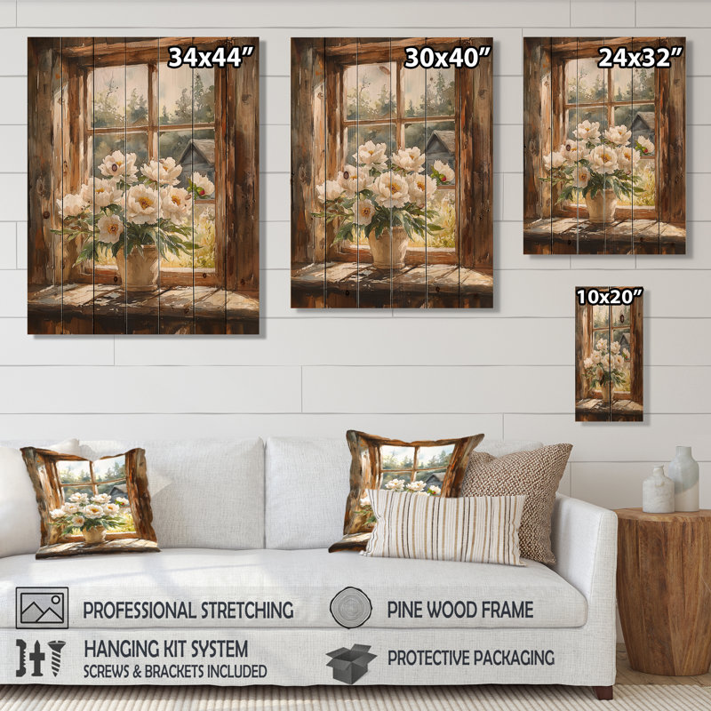Pivoines à la grange III - impression de pivoines sur bois de pin naturel, H 40 po x l 30 po x P 0,78 po