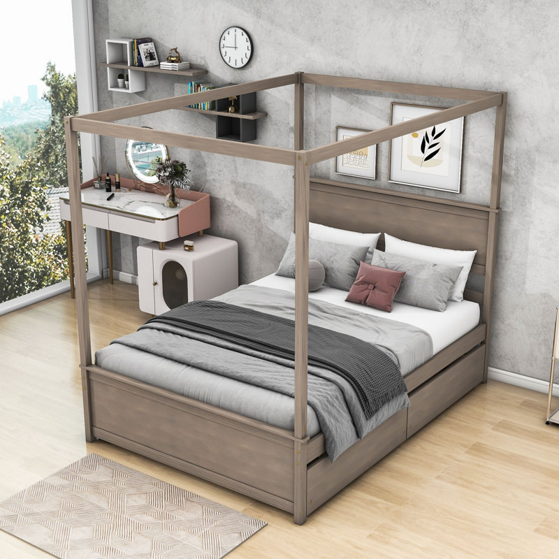 Pylle Full Drawers Wood Canopy Platform Bed, Brushed White, 4 Drawers