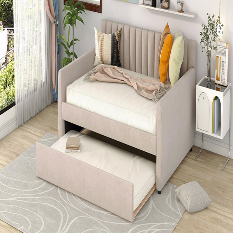 Full Size Upholstered Daybed With Trundle And Wood Slat Support, Beige