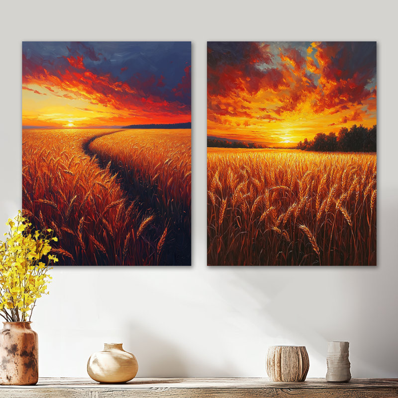 «Yellow Sunset Farm Fields I», impression d'art mural en métal 2 pièces, 32" H x 48" W
