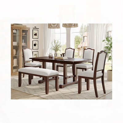 Ensemble de table de salle à manger 6 pièces, avec 4 chaises d'appoint rembourrées et banc