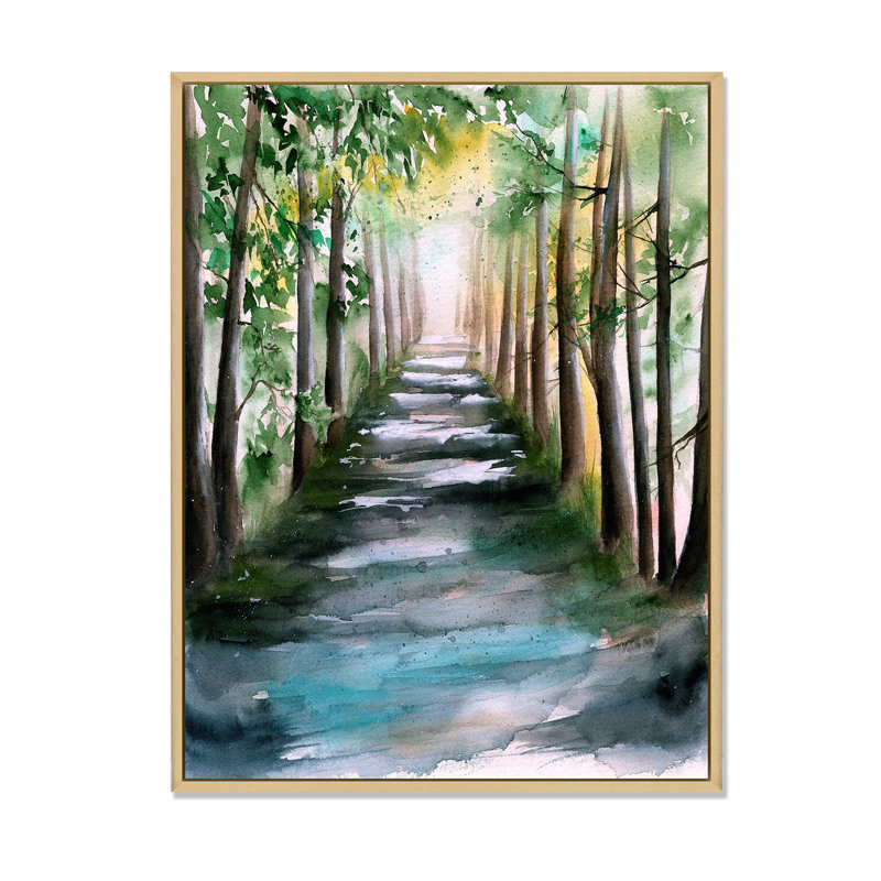 Une allée de forêt ensoleillée avec des ombres d'arbre - peinture sur toile, H 44 po x l 34 po, Toile avec cadre en érable