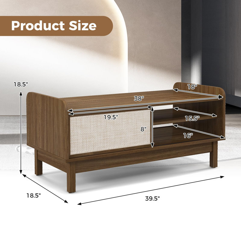 Ebern Designs Rectangular Coffee Table With Storage Weaving Sliding Door & Adjustable Shelf