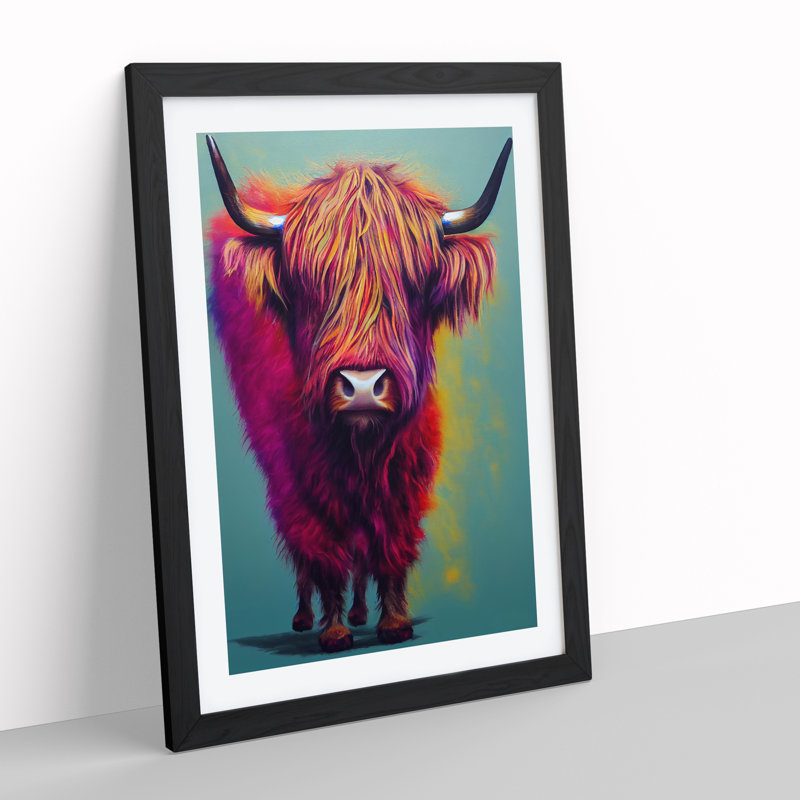XV1022-1594X Colourful Highland Cow No.3 - Single Picture Frame Print, 64cm H x 46cm W, Black