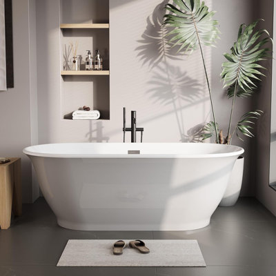 Freestanding Bathtub, Acrylic Soaking Tub, Elliptical Design with Chrome Drain & Overflow for Contemporary Bathrooms