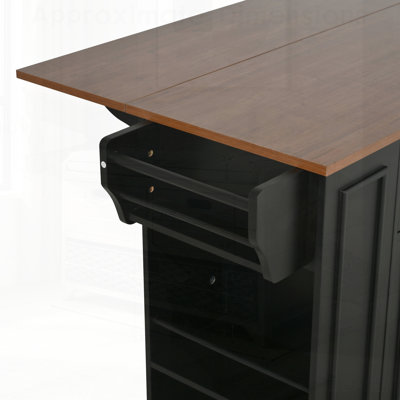 Mobile Kitchen Island with Glass Door Storage, Power Outlet, Open Shelves, and Multiple Organizational Features for Enhanced Functionality and Convenience.