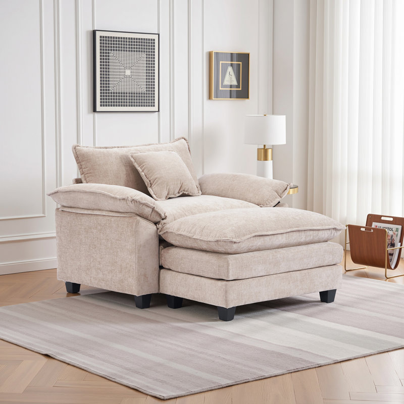 46" Chenille Oversized Accent Chair with Ottoman, Upholstered Lounge Chair, Khaki