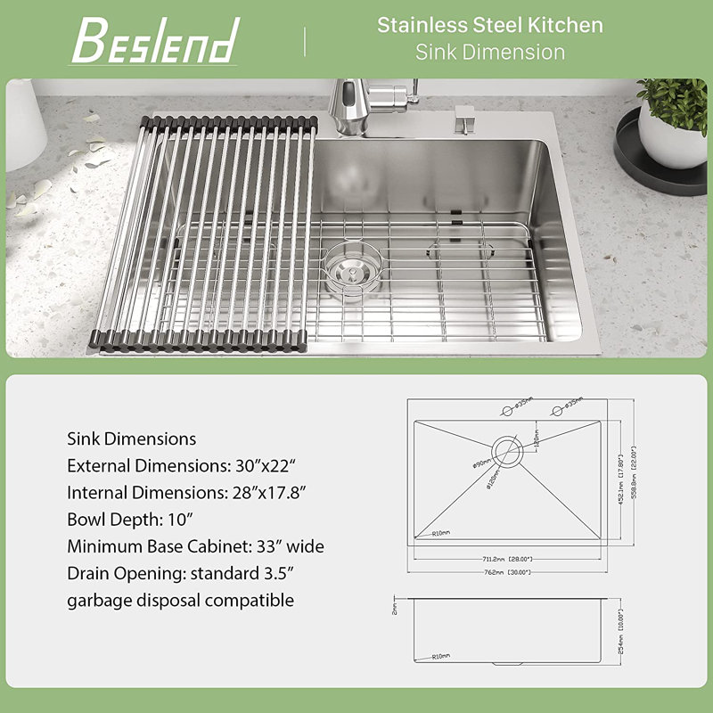 30" L x 22" W Drop-In Stainless Steel Kitchen Sink Single Bowl, 30" L x 22" W