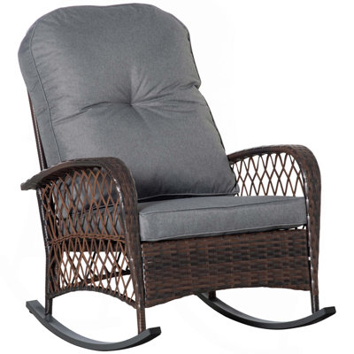 Outdoor Wicker Rocking Chair With Wide Seat, Thick, Soft Cushion,Rattan Rocker W/Steel Frame,High Weight Capacity For Patio,Garden,Backyard