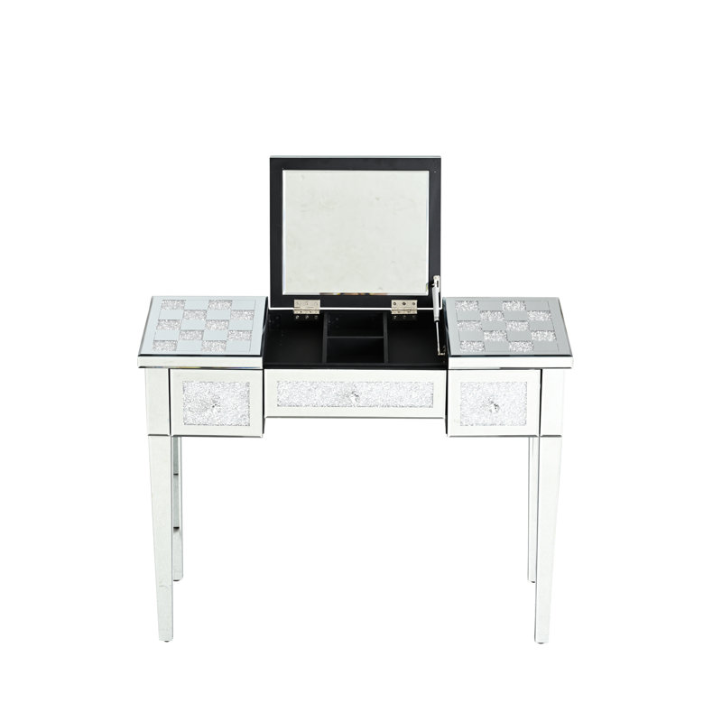 Console à miroir en verre avec motif en damier et incrustation de losanges. Pratique pour la routine beauté du matin. Miroir caché de bureau Great Polyvalent, différent