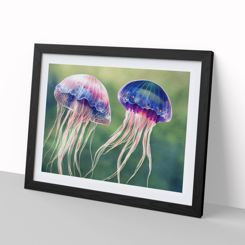 Watercolour Jellyfish - Single Picture Frame Print, Black, 46cm H x 64cm W x 2cm D