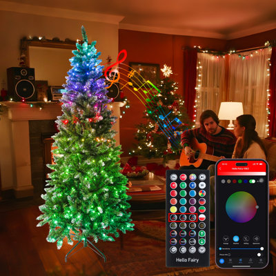 Sapin de Noël artificiel mince blanc pré-illuminé de 1,80 m. Sapin de Noël intelligent à couleurs changeantes RGB. Décoration de Noël.