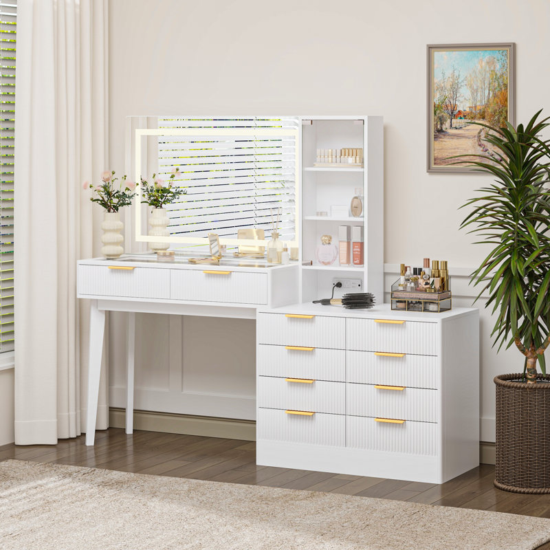 Makeup Vanity Desk with LED Lighted Mirror, 10 Drawers, Glass Door Display Cabinet, Built-In Power Outlet & USB Ports, Fluted Design Vanity Table with Solid Wood Legs, White
