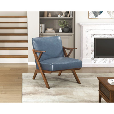 Chaise d'appoint en bois massif au fini brun avec similicuir bleu, idéale pour le salon en cuir d'hévéa
