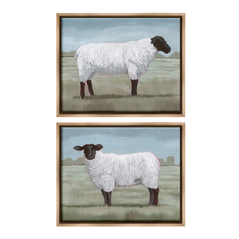 «Sheep Duo in Pasture» par Grace Popp - ensemble de 2 reproductions sur toile, Cadre flottant orme Montalcino