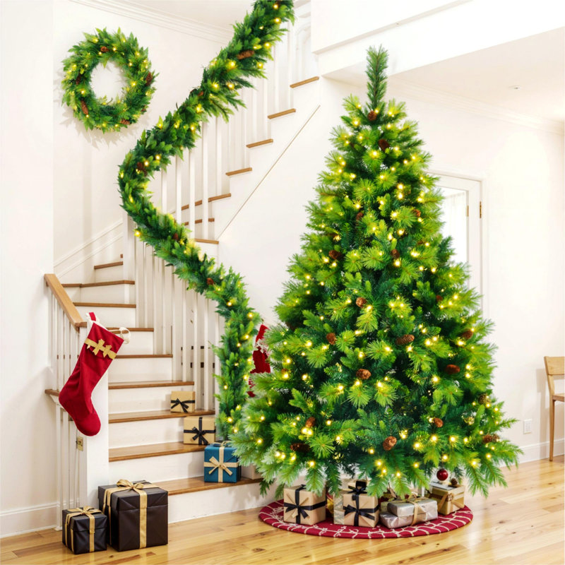 Christmas Tree, Pre-Lit Set With Tree, Garland And Wreath, Artificial Christmas With Pine Cones
