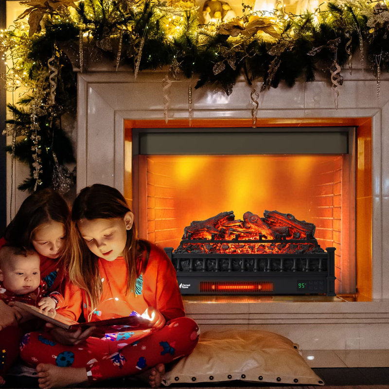 TURBRO 26" Infrared Quartz Electric Fireplace Log Heater, Realistic Lemonwood Logs, Adjustable Flame Colors, Thermostat, Timer, 1500W