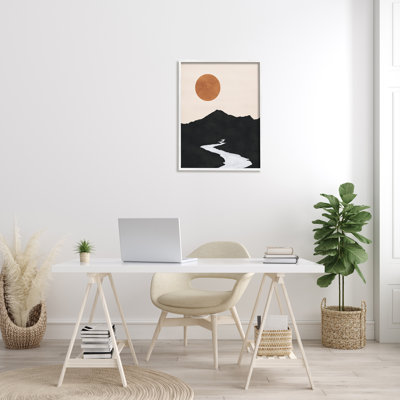 «Recrant Stream Into Distant Mountain Ochre Sun», cadre flottant, impression sur bois
