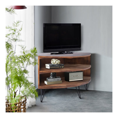 Fan Shape Reclaimed Wood Corner Media Table For Living Room Wise Use Your Space