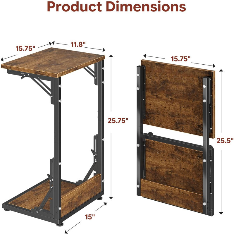 Table d'appoint pliable en forme de C brun rustique, petite table de bout avec plateau télé populaire, bureau de chevet coulissant sous le canapé pour la chambre du salon