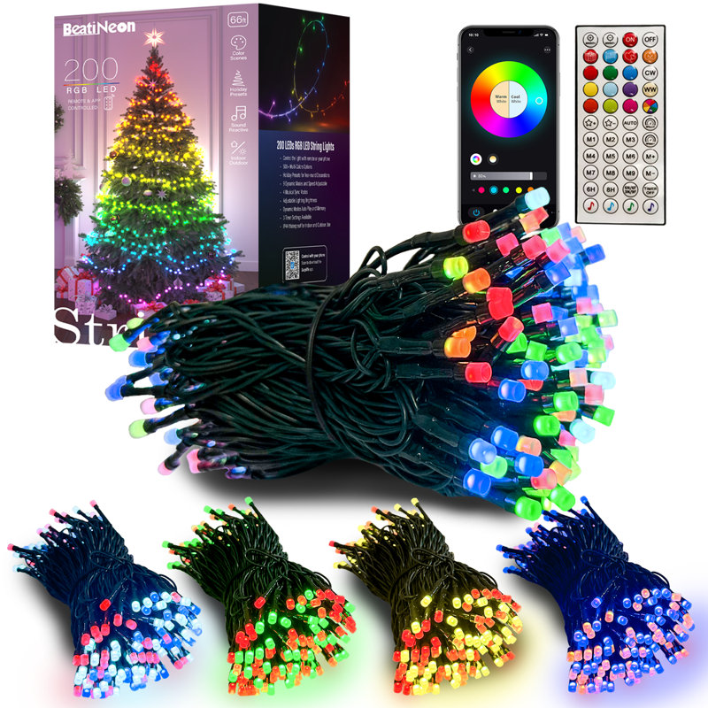 Guirlande lumineuse 65,6 pi 200 lumières intelligentes RVB + IC avec télécommande et contrôle APP, préréglages des Fêtes, modes dynamiques, 16 millions de couleurs, DEL contrôlables individuellement, réglages de la minuterie, étanche IP44, parfa