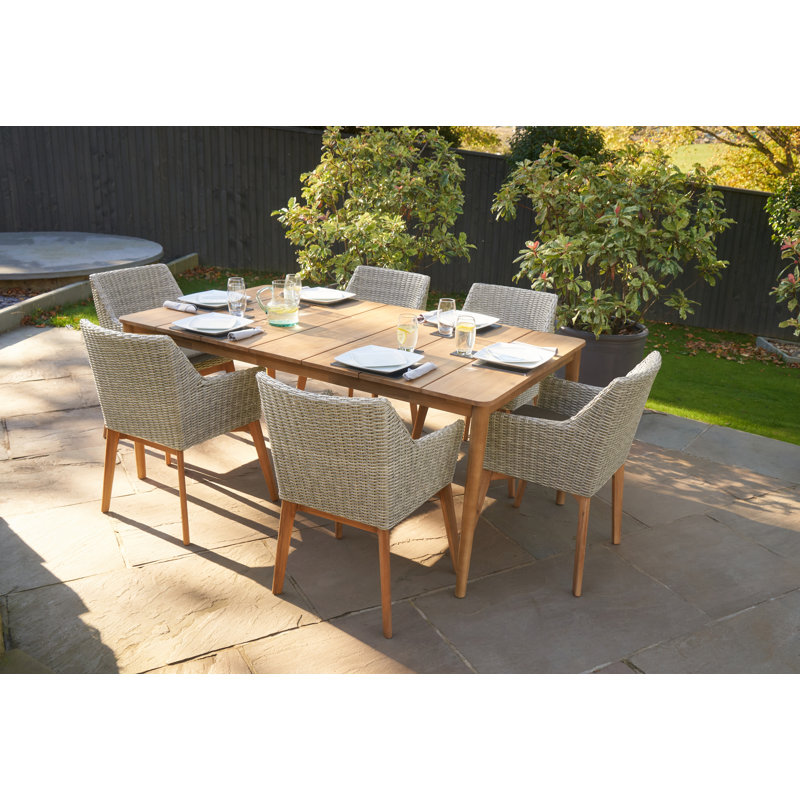 Luke 6 - Person Acacia Wicker Patio Dining Set with Rectangular Table , Cushions Included, Light Grey