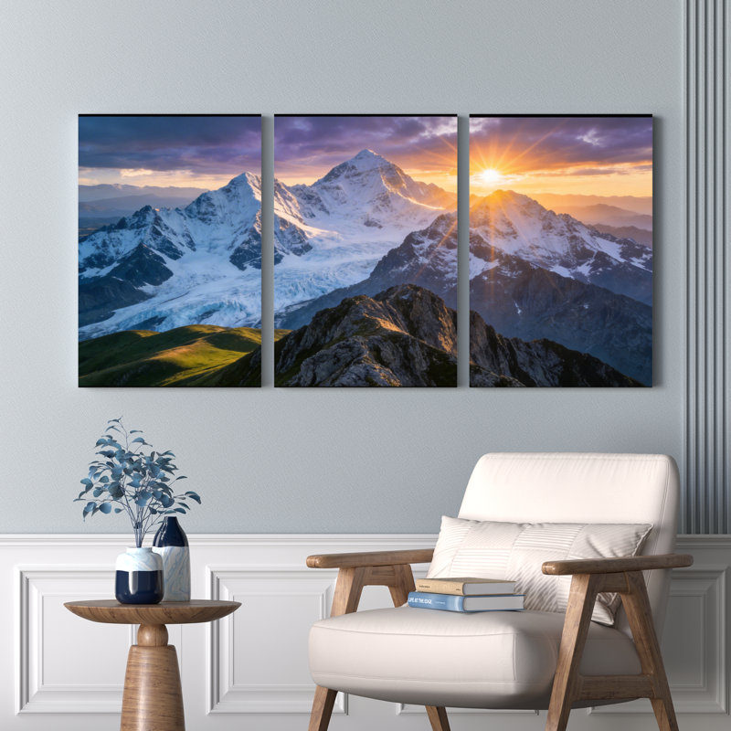 Ensemble de 3 toiles murales représentant un coucher de soleil sur une montagne, 2436