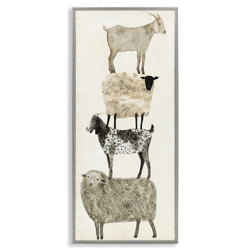«Fun Stacked Sheep and Goats Farm Animals», impression, 24" H x 10" W, Giclée encadrée blanc bord de mer