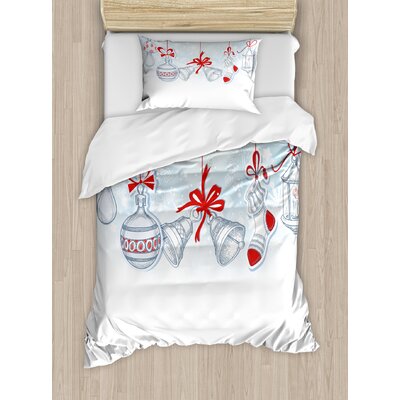 Christmas Retro Style Famous Socks for Toy and Candy Bells and Snowflake Graphic Duvet Cover Set -  Ambesonne, nev_20071_twin